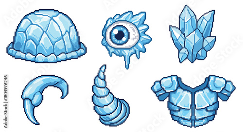 Set of fantasy RPG icons in a retro pixel art style, showing magical frozen monster parts and equipment made of ice, including a shell, eyeball, gem, fang, and chestplate
