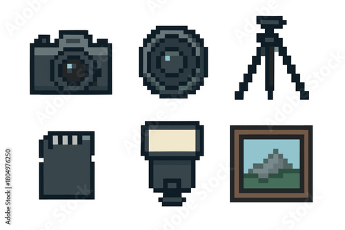 Collection of pixel art icons representing photography equipment, including a camera, lens, tripod, memory card, flash, and a framed picture, isolated