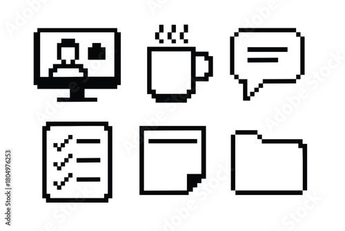Collection of retro 8-bit style office icons in a black pixelated design, featuring a video conference, hot drink, message bubble, checklist, document, and file folder isolated on white