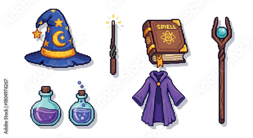 Pixel art set of fantasy magic items featuring a sorcerer's hat, glowing wand, ancient spellbook, purple potions, a cloak, and a crystal staff isolated