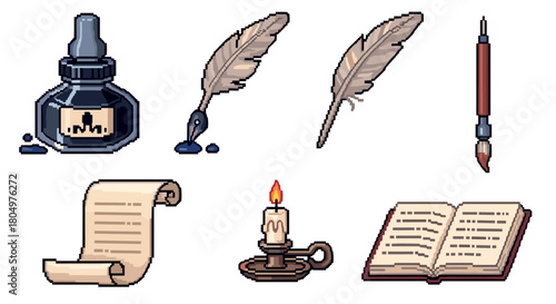 Set of pixel art icons featuring vintage writing tools like a quill pen, inkwell, scroll, book, and candle, isolated for a retro video game design
