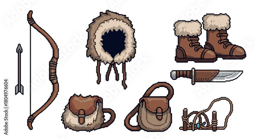 Set of pixel art fantasy adventurer equipment including a bow, arrow, fur hat, boots, and knife, isolated for a retro video game concept