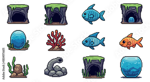 Collection of pixel art video game assets featuring underwater elements like fish, caves, coral, and seaweed, designed as sprites or icons for a retro-style game