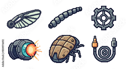 Set of pixel art icons for a science fiction video game, featuring a robotic insect, a laser cannon, a gear, a mechanical wing, and other cybernetic parts isolated on white