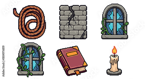 Collection of fantasy adventure pixel art icons featuring a rope, stone wall, broken window, spell book, and candle, designed as assets for a retro-style role-playing video game