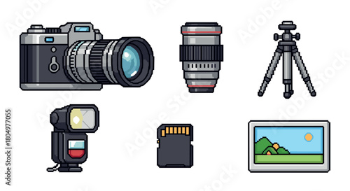 Collection of pixel art photography equipment icons, including a retro camera, lens, tripod, flash, memory card, and photo, isolated in a video game style
