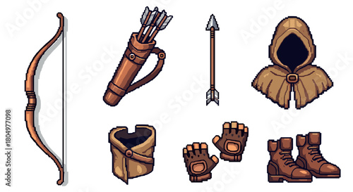 Pixel art collection of fantasy archer equipment, including a bow, quiver, arrows, hooded cloak, and leather boots, isolated for a video game inventory