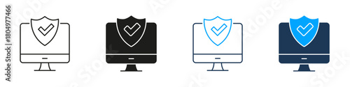 Computer With Shield And Checkmark Line And Solid Icon Set. Cybersecurity, Data Protection, And Secure Computing Symbol Collection. Digital Safety Assurance. Isolated Vector Illustration