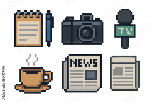 Collection of pixel art icons for journalism and news media, featuring a camera, microphone, newspaper, and notebook in a retro 8-bit video game style isolated on white