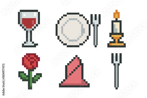 Set of 8-bit style pixel art illustrations representing a romantic date night with a candlelit dinner, featuring wine, a rose, and tableware