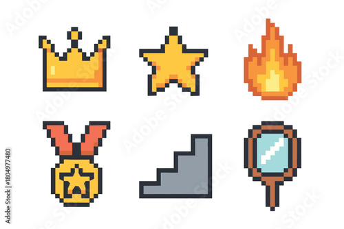 Collection of colorful pixel art icons for a retro video game, including a crown, star, medal, and fire, representing achievement, fantasy, and success