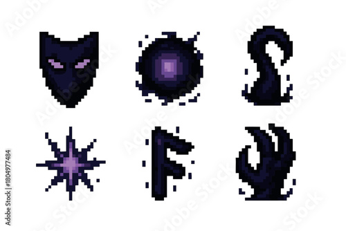 Set of dark fantasy magic spell icons in a retro pixel art style, featuring a shadow mask, energy orb, tentacle, and claw, isolated for a video game