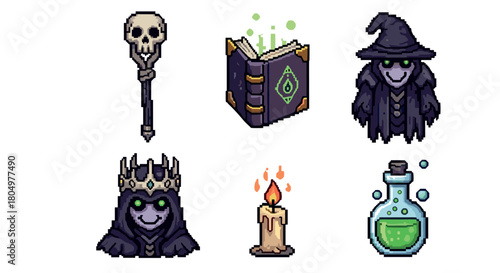 Collection of pixel art icons for a fantasy video game, featuring a necromancer, lich, skull staff, spellbook, potion, and candle, isolated