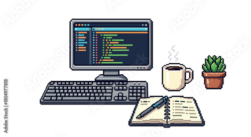 Pixel art illustration of a programmer's desk with a computer showing code, a keyboard, a steaming coffee mug, a notebook, and a succulent plant, isolated