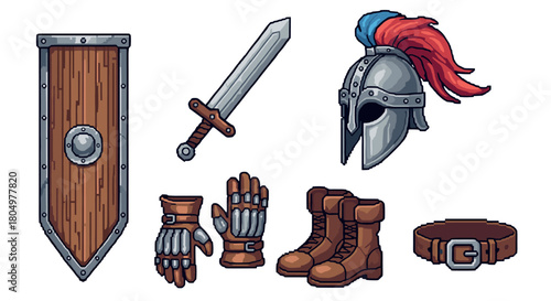 Complete set of medieval warrior equipment in a retro pixel art style, featuring a plumed helmet, wooden shield, sword, gauntlets, boots, and belt isolated