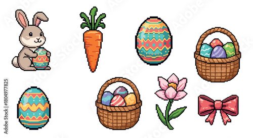Charming set of Easter-themed pixel art icons featuring a cute bunny, decorated eggs, baskets, and a carrot, isolated for festive spring designs