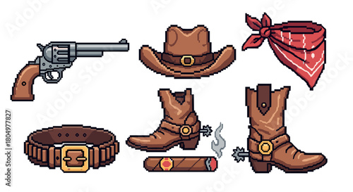 Vintage video game icon set of wild west cowboy equipment including a revolver, hat, bandana, and boots, rendered in a classic pixelated style and isolated
