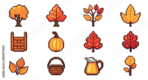 Charming pixel art collection of autumn season elements with orange trees, red and yellow leaves, a pumpkin, and harvest items like a basket, isolated