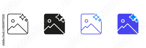 Image With Sparkles Line And Solid Icon Set. Photo Enhancement, Image Editing, And Visual Quality Improvement Outline And Silhouette Symbol Collection. Isolated Vector Illustration