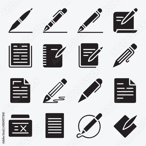 Writing and Editing Tools Glyph Icon Set, Creative Content Creation Black Silhouette Vector Pack