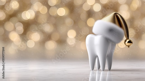Festive tooth decoration with golden hat against a blurred background