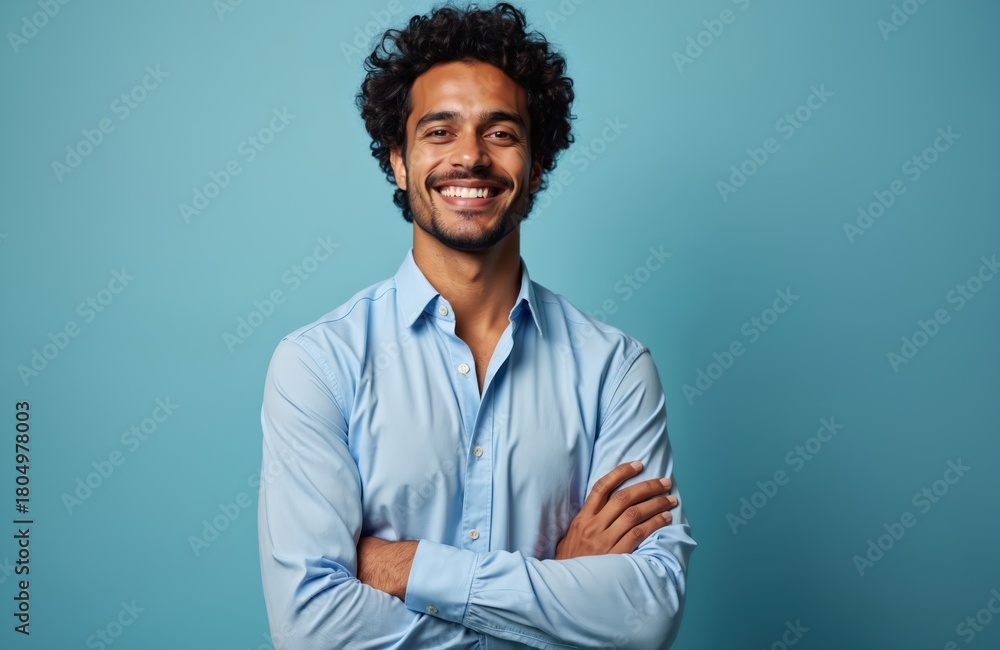 Obraz premium Handsome Hispanic man smiles confidently against vibrant blue backdrop. Wears light blue shirt, crossed arms. Portrait conveys positivity, self-assurance, suitable for diverse business contexts.