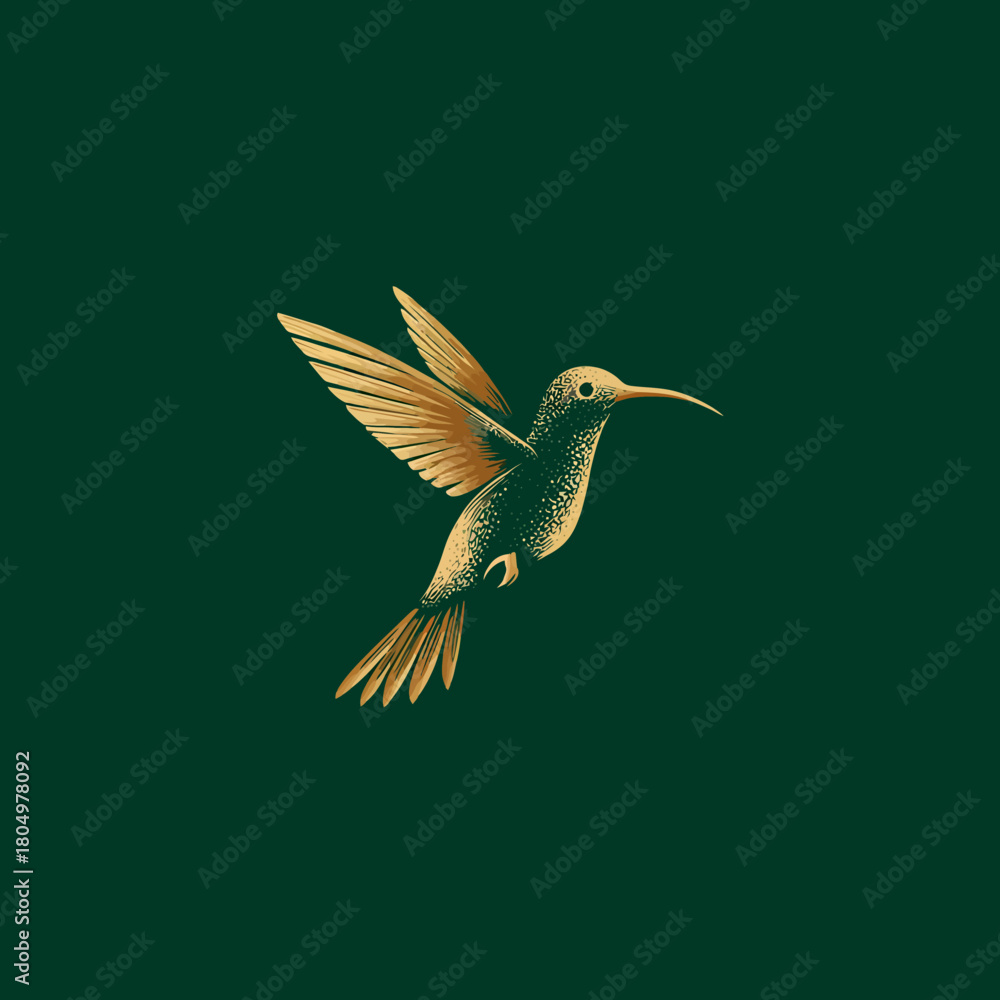 Obraz premium Golden hummingbird in flight against a deep green background