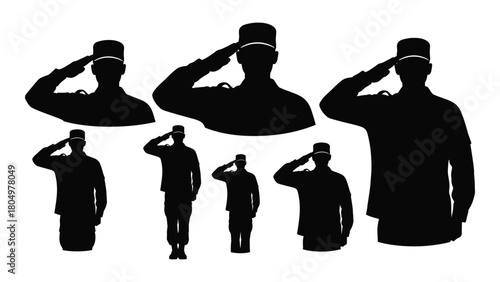 Soldier saluting silhouettes isolated on white background, Vector