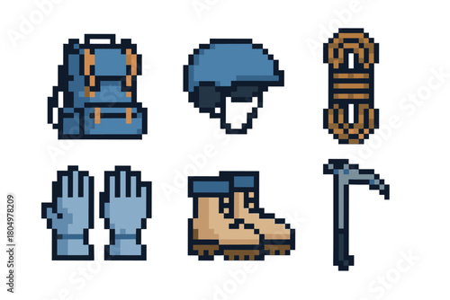 Set of pixel art icons showing mountain climbing equipment including a backpack, helmet, rope, gloves, boots, and an ice axe, isolated for a retro game concept