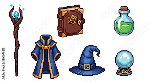 Pixelated fantasy role-playing game icon set featuring a wizard's staff, magic book, green potion, blue robe, pointed hat, and a crystal ball isolated