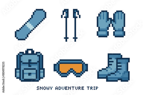 Collection of winter sports gear in a retro pixel art style, featuring a snowboard, ski poles, gloves, backpack, goggles, and boots for a snowy adventure, isolated on white