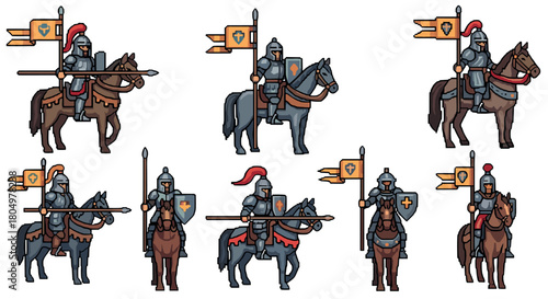 Collection of medieval knights on horseback in a retro pixel art style, featuring various armor sets, lances, shields, and banners for a fantasy video game or illustration