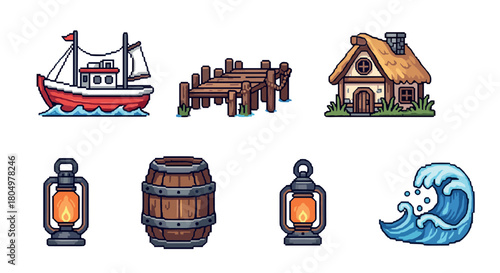 Charming collection of pixel art assets with a nautical and fishing village theme, including a boat, pier, cottage, lanterns, barrel, and wave, isolated