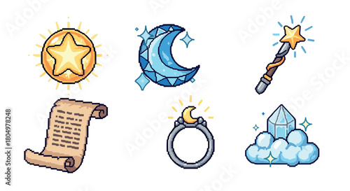 Charming collection of pixel art fantasy icons for a video game, featuring a star coin, crystal moon, magic wand, ancient scroll, moon ring, and a gem on a cloud, isolated on white