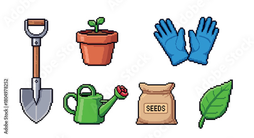 Pixelated gardening icon set with a spade, potted plant, gloves, watering can, seed bag, and leaf, designed as a retro farming or nature-themed video game asset