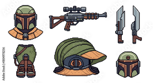 Pixelated sprite sheet of a futuristic warrior's equipment, featuring various helmets, body armor, a scoped rifle, and combat knives, designed in a retro video game style
