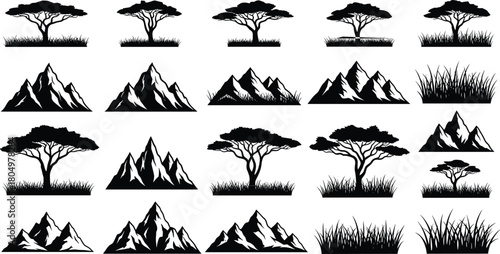 African savanna tree and mountain silhouette vector set, wilderness nature landscape illustration, outdoor grass field scenery design elements