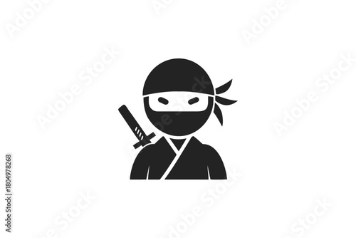 Powerful Black Ninja Icon with Traditional Mask and Katana Sword Depicting a Stealthy Martial Arts Character on a Clean White Background