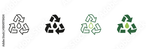 Recycling Symbol With Water Drop Line And Solid Icon Set. Water Conservation And Sustainable Resource Management Outline And Silhouette Symbol Collection. Isolated Vector Illustration