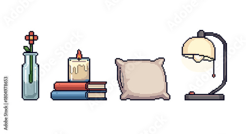 Collection of cozy home objects in a pixel art style, featuring a flower in a vase, a candle on books, a pillow, and a desk lamp, isolated