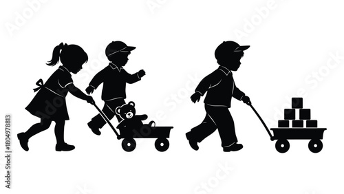 Children playing with wagons silhouette isolated on white background, Vector