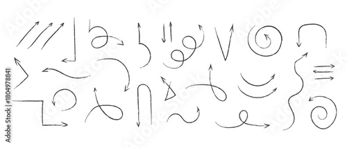 Set of hand drawn sketch arrow icon different shape line pointer for infographic element. Collection of direction symbols. Cursor Vector illustration