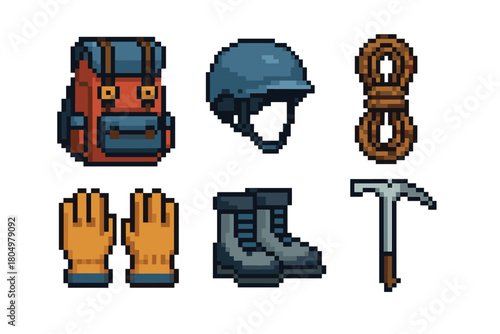 Pixel art icon set of mountaineering equipment like a backpack, helmet, rope, gloves, boots, and ice axe, isolated for a retro video game