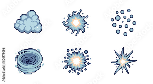 Collection of pixel art special effects for video games, featuring smoke, water splash, bubbles, a wind vortex, and explosion sprites isolated