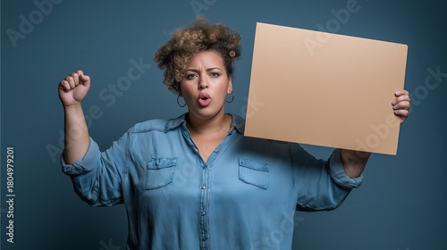 Plus-size woman protests for social justice with strong expression and raised fist