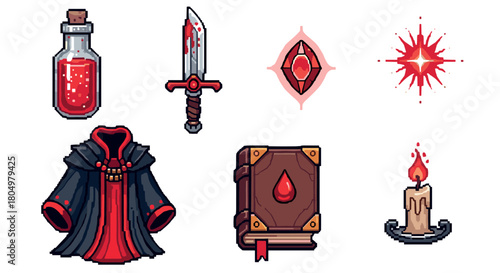 Collection of pixel art icons for a dark fantasy RPG, featuring a bloody dagger, magic potion, spellbook, vampire cloak, and other mystical items isolated