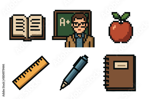 Collection of retro pixel art icons representing education and school subjects, including a teacher, book, apple, ruler, pen, and notebook, isolated