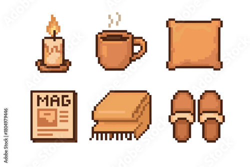 Set of pixel art icons representing comfort and relaxation, with a lit candle, steaming mug, soft pillow, magazine, warm blanket, and cozy slippers isolated