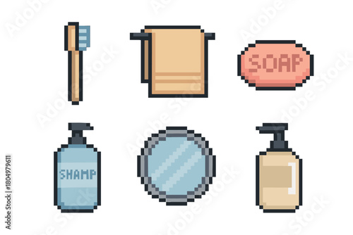 Retro 8-bit video game style illustration set of bathroom accessories including a towel, mirror, soap dispenser, and toothbrush for a personal care or hygiene concept