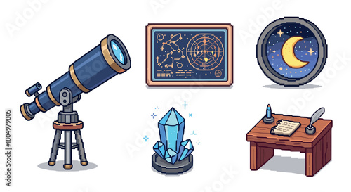 Charming set of pixel art icons featuring a telescope, star chart, moon window, magic crystal, and writing desk, perfect for a fantasy or science-themed retro video game